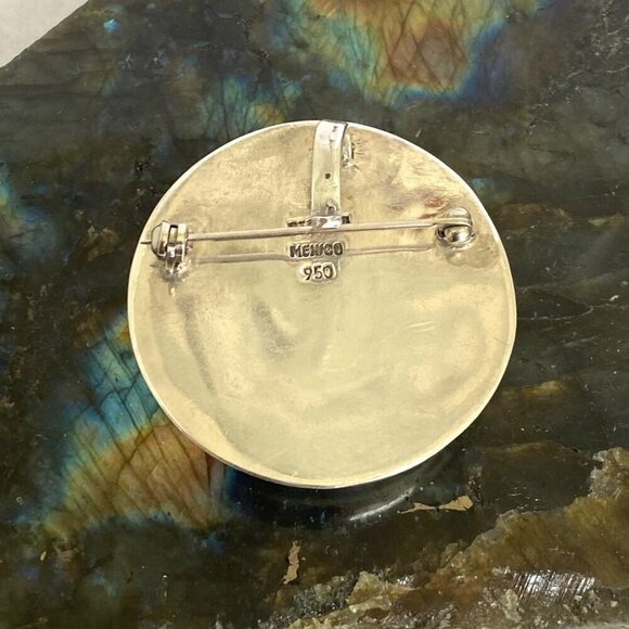 VTG Sterling Silver 950 Mexico Chunky Round Lapis Lazuli Inlay Pendant Brooch - Picture 8 of 16